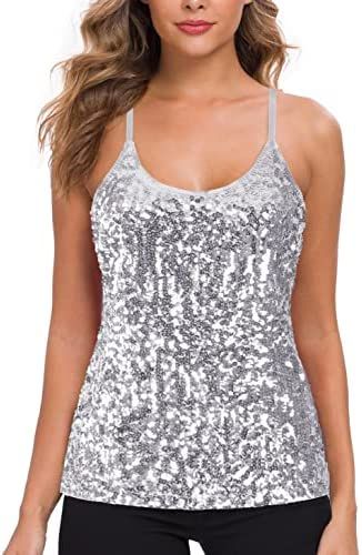 MANER Women’s Sequin Tops Glitter Party Strappy Tank Top Sparkle Cami | Amazon (US)