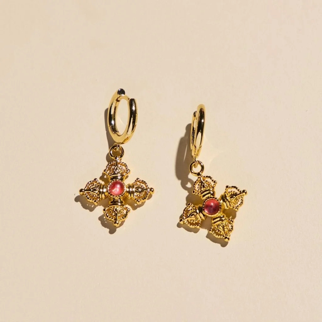 Gold Baroque Cross Huggie Earrings | Nickel and Suede