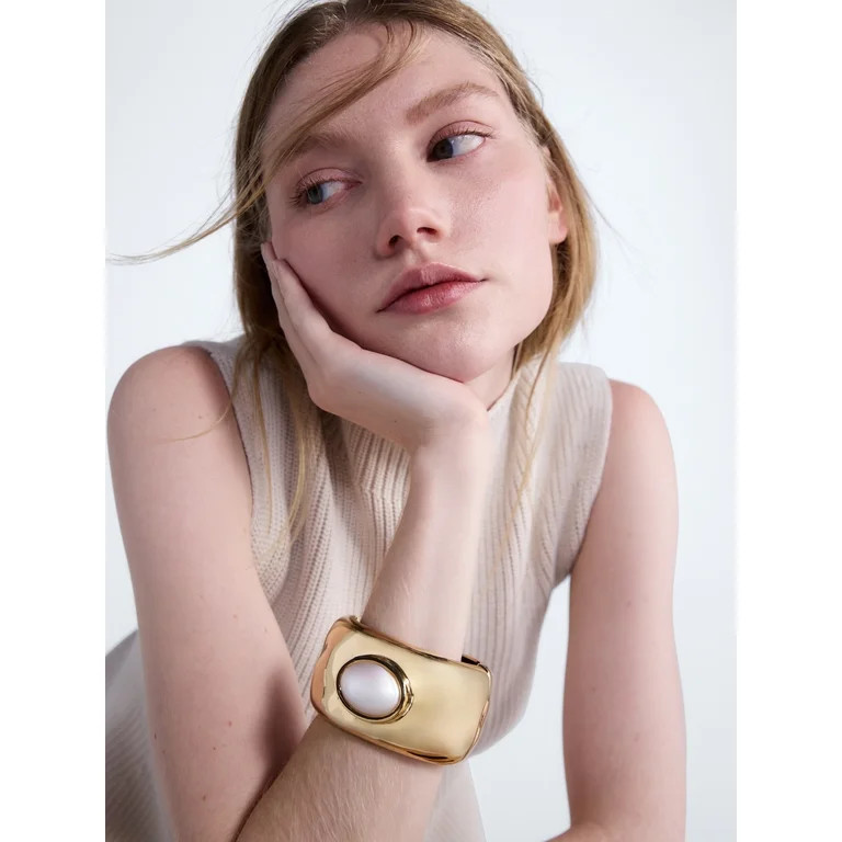 Scoop Faux Pearl Bezel Cuff Bracelet, Gold-Tone | Walmart (US)