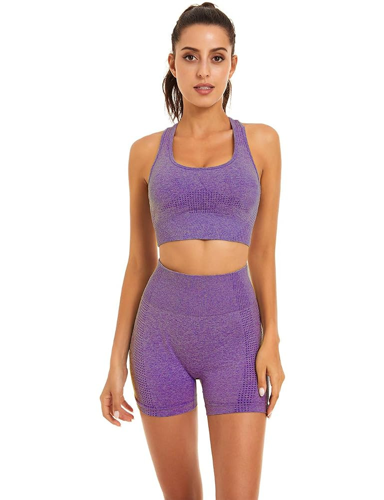 Women Seamless Yoga Workout Set 2 Piece Outfits Gym Shorts Sports Bra | Amazon (US)