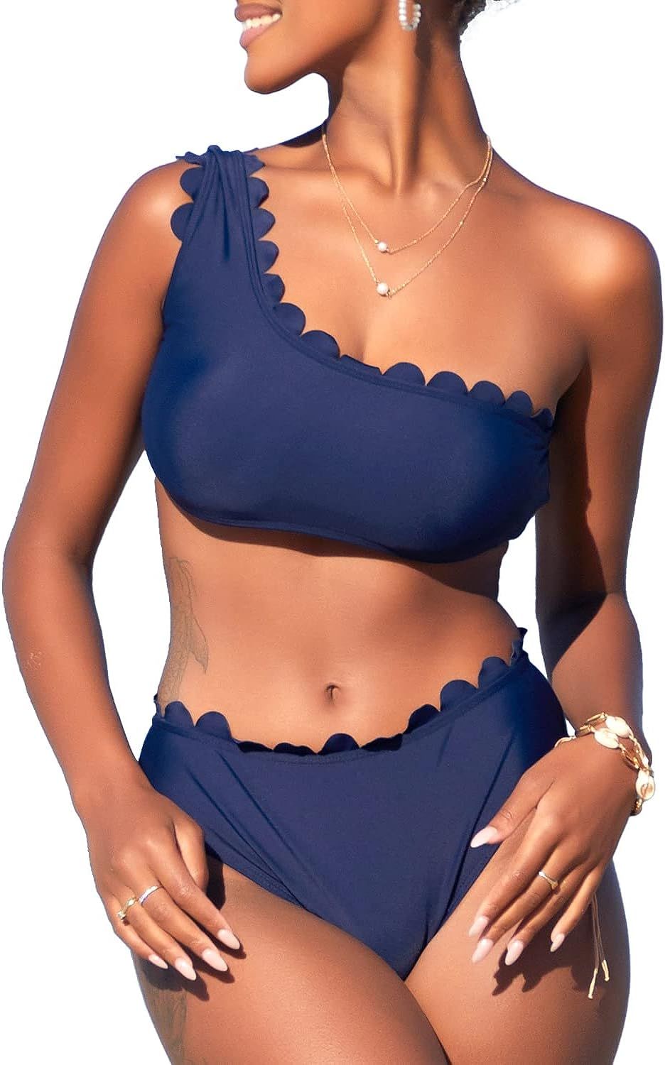 SouqFone Women's One Shoulder Bikini Set Wavy Edge Back Hook Closure Two Piece Swimsuit | Amazon (US)