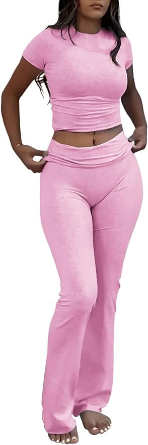 ZFLM Casual Workout Two Piece Outfits for Women Short Sleeve Crop High Waist Foldover Flare Pants... | Amazon (US)