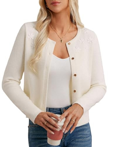 Women's Soft White Cropped Cardigan Fall Long Sleeve Knit Fuzzy Sweater Cute Gold Button Up Shrug Sweaters (White,2XL) | Amazon (US)
