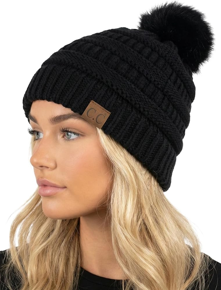Funky Junque Soft Cable Knit Beanie with Faux Fur Pom - Cozy Winter Hat - Winter Colors, Spring P... | Amazon (US)