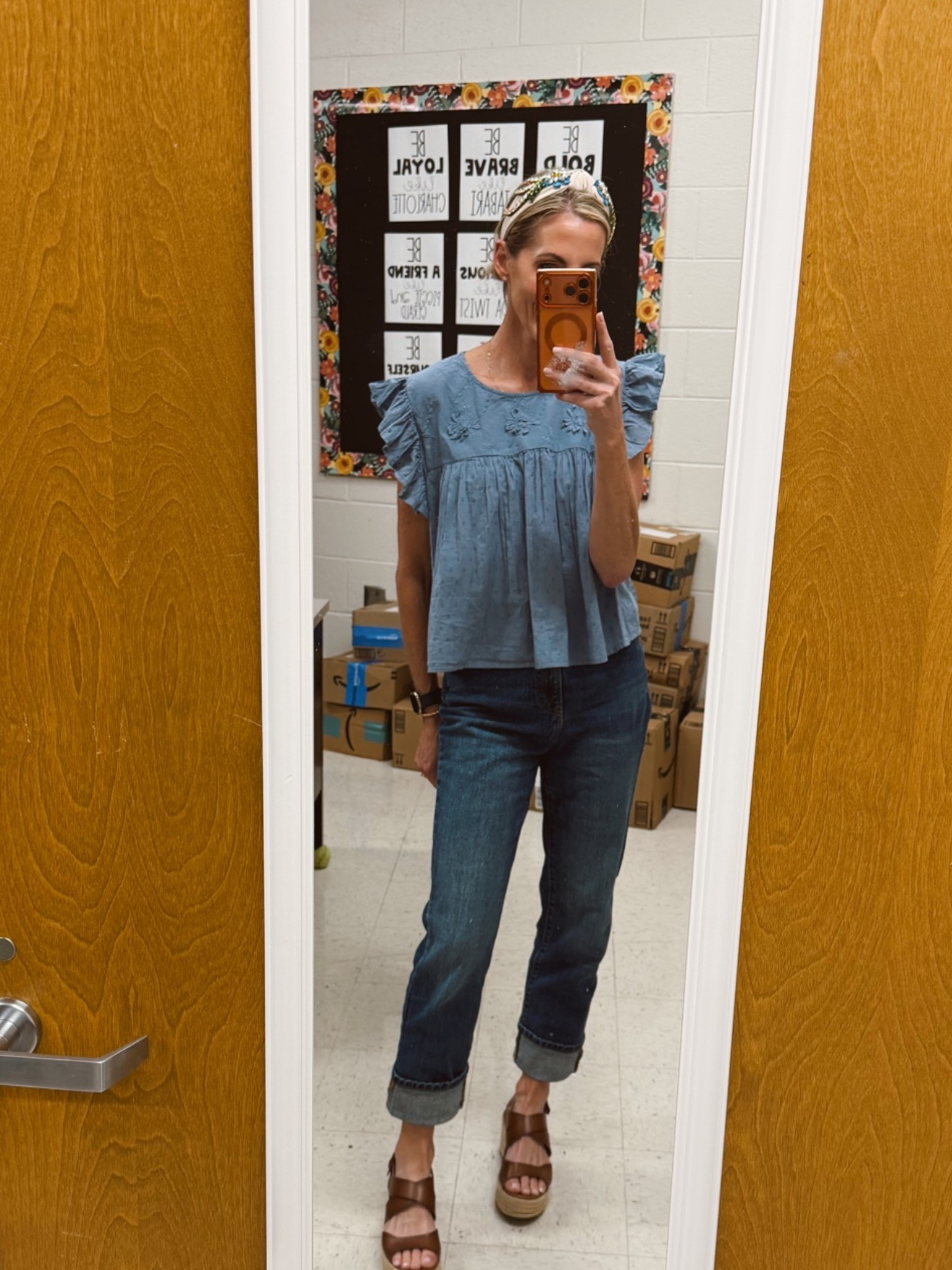 OOTD: Walmart top, jeans, and shoes! All under $36. Amazon headband. Ready for a great day in LL