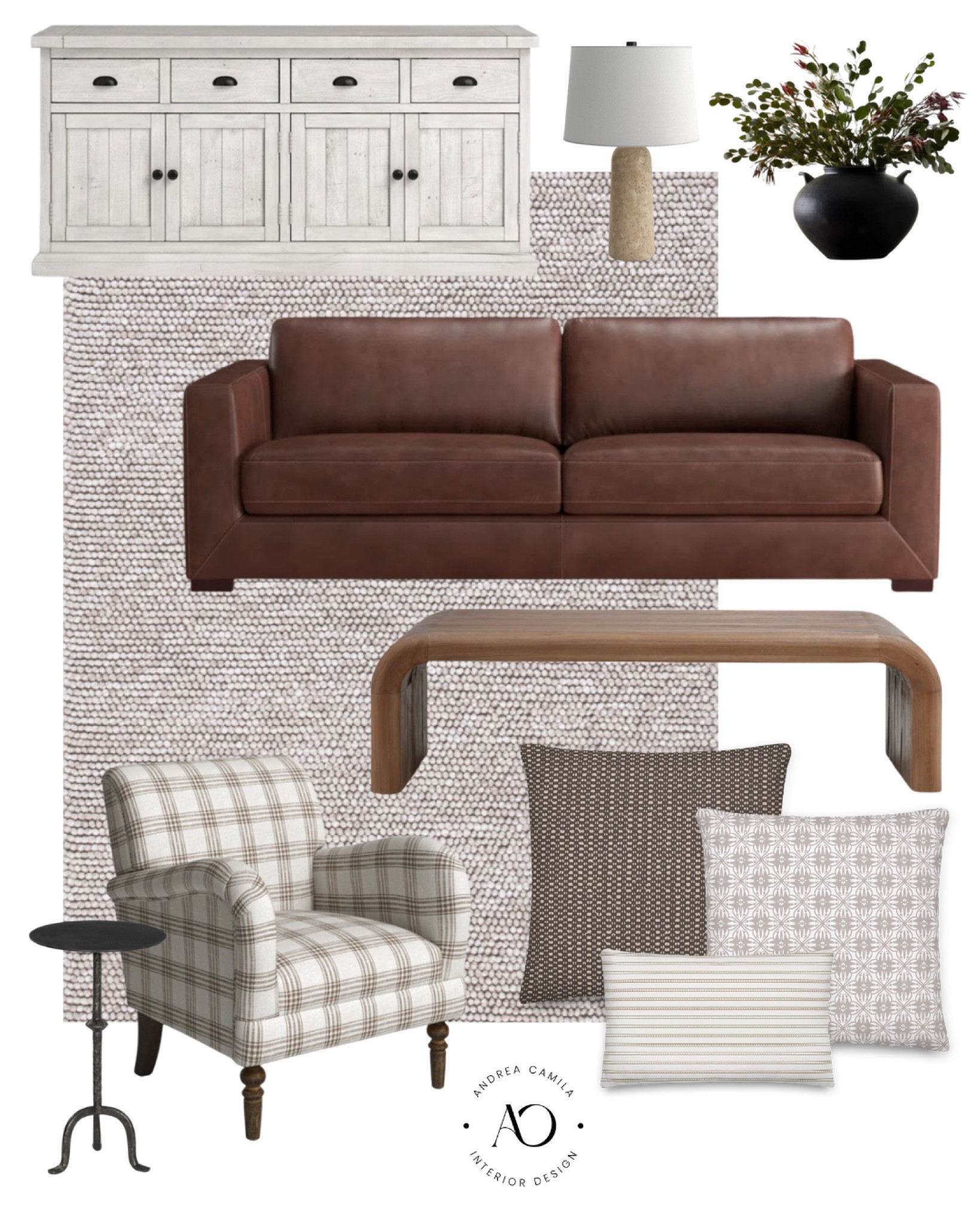 Affordable pillows. Farmhouse style home decor. Faux leather upholstered sofa. Brown couch. Wooden coffee table. Plaid upholstered armchair. Rod iron and table. Solid wood sideboard TV console. Travertine table lamp. Antique vase. Handmade beige rug, brown pillows, beige and brown pillow set.

#LTKhome #LTKfindsunder50 #LTKsalealert