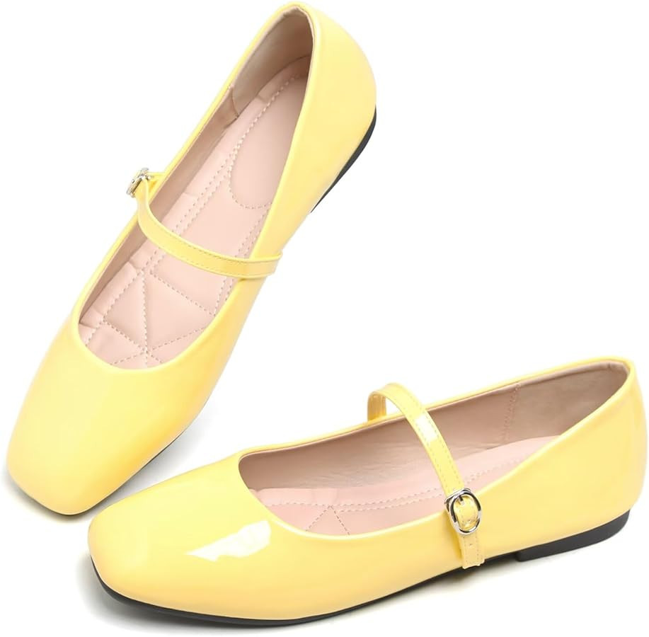 Women Mary Jane Candy Color Flats Adjustable Ankle Strap Comfortable Square Toe Pu Leather Ballet... | Amazon (US)