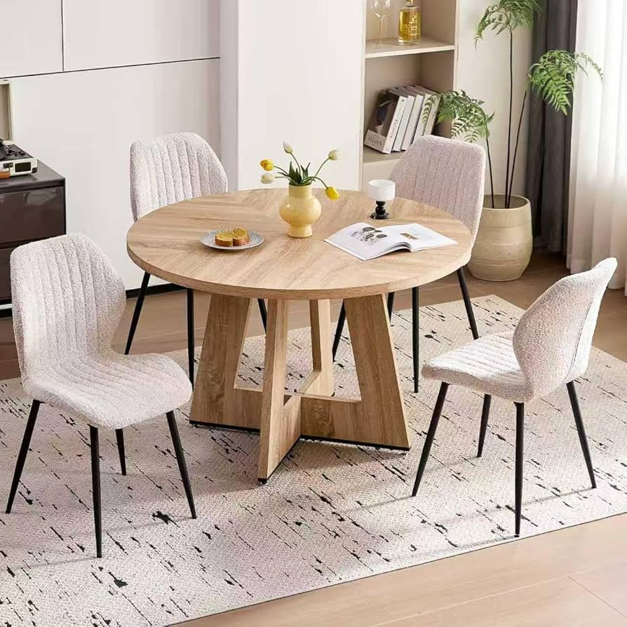 47'' Round Dining Table for 4, Farmhouse Mid Century Circle Dinner Table with Wood Fanned Base fo... | Amazon (US)