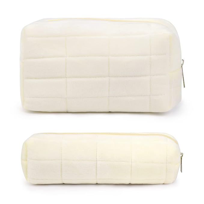 SOIDRAM Makeup Bag Checkered Cosmetic Bag Plush White Makeup Pouch 1Pcs Large Capacity Makeup Bag... | Amazon (US)