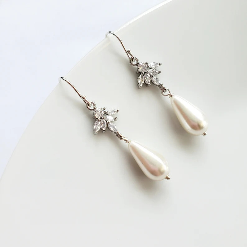 Bridal Pearl Earrings, Rhinestone Earrings, Pearl Drop earrings, Elegant bride earrings, Mother o... | Etsy (US)