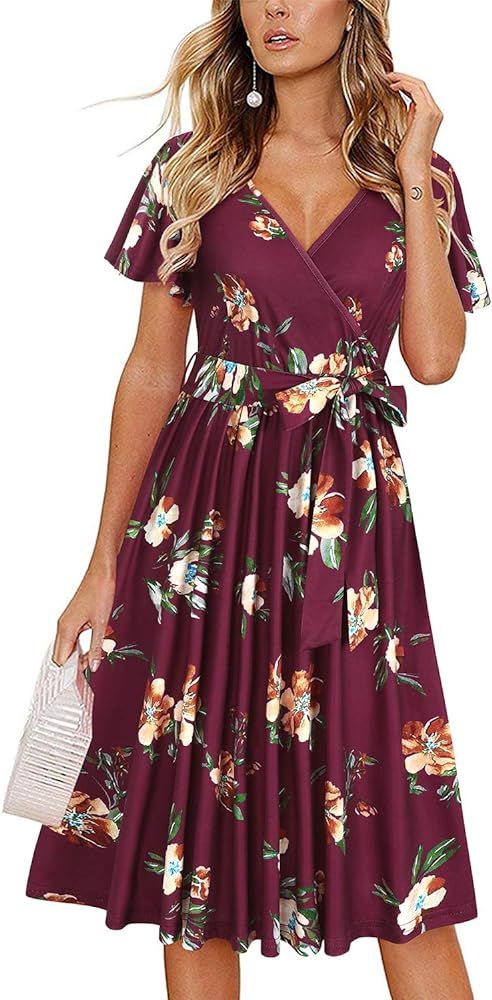 LAISHEN Women's V Neck Floral Short Sleeves Dress Summer Casual Flowy Belted Dresses with Pockets | Amazon (US)