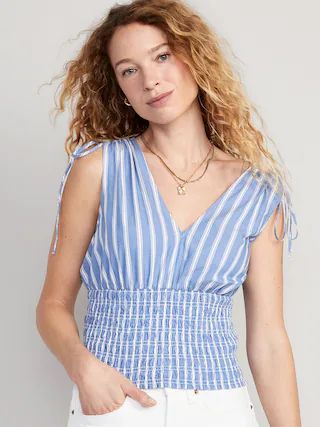 Fitted Striped Sleeveless V-Neck Tie-Shoulder Smocked Blouse for Women | Old Navy (US)