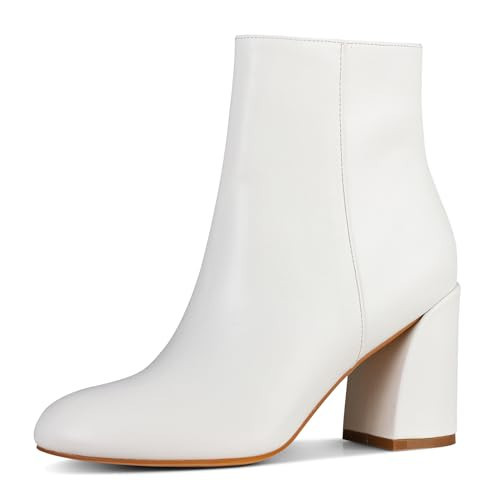Attiposh White Ankle Boots for Women Fashion Mid Heel Chunky Womens Winter Boots Classic Round Toe Chelsea Boots Side Zipper Short Booties Comfy Casual Dressy White Boots Ladies Shoes Size 7.5 | Amazon (US)