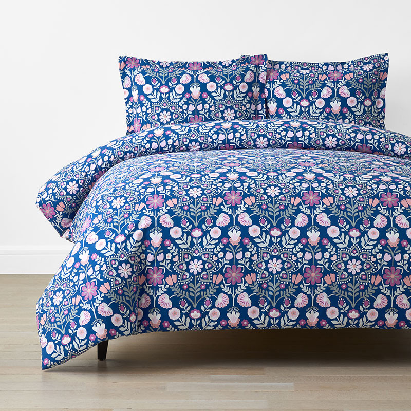 Folk Garden Classic Cool Organic Cotton Percale Duvet Cover Set - Blue/Pink/Purple, Size Twin/twin XL | The Company Store | The Company Store