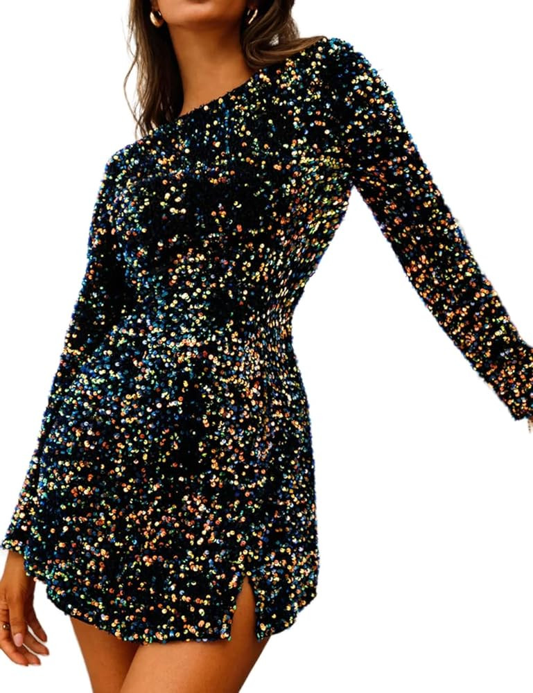 R.Vivimos Women's Sequin Bodycon Dress Fall Winter Long Sleeve Crew Neck Sexy Backless Glitter Sl... | Amazon (US)