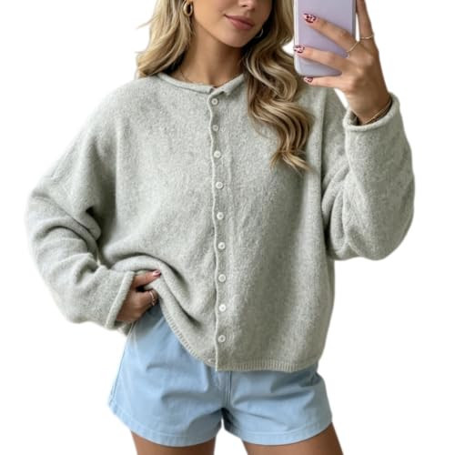 Women Knitted Cardigan Sweaters Long Sleeve Button Down Loose Knitwear Tops Y2k Vintage Jumper Knit Shirt (Light Gray #A, S) | Amazon (US)