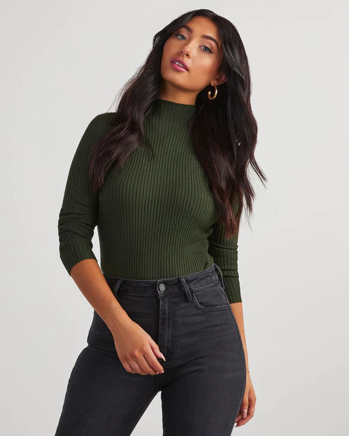 Naomi Ribbed Mock Neck Long Sleeve Top - Hunter Green | VICI