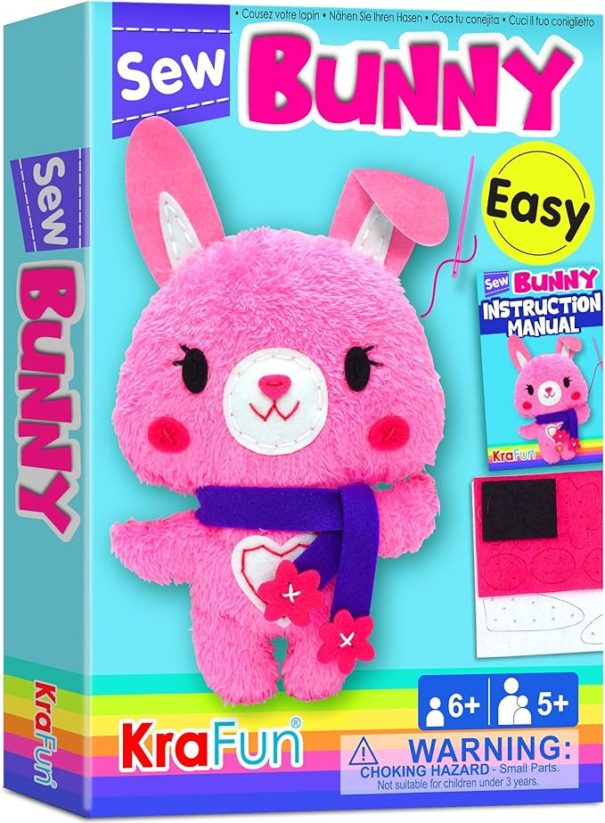 KRAFUN Sewing Kit for Kids Beginner My First Art & Craft, Includes Bunny Doll Stuffed Animal, Ins... | Amazon (US)