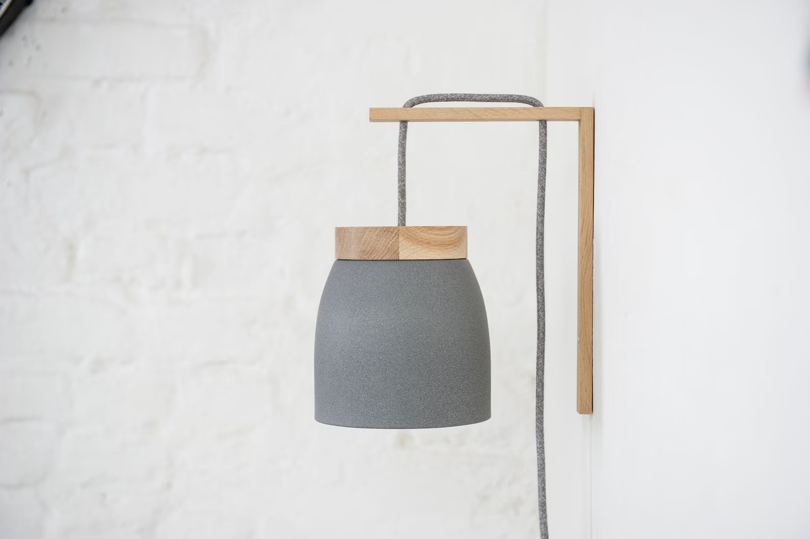 No. 11 L - Ceramic - Wall Lamp - Grey - Height Adjustable - Textile Cable - Oak Wood - E27 - Beds... | Etsy (US)
