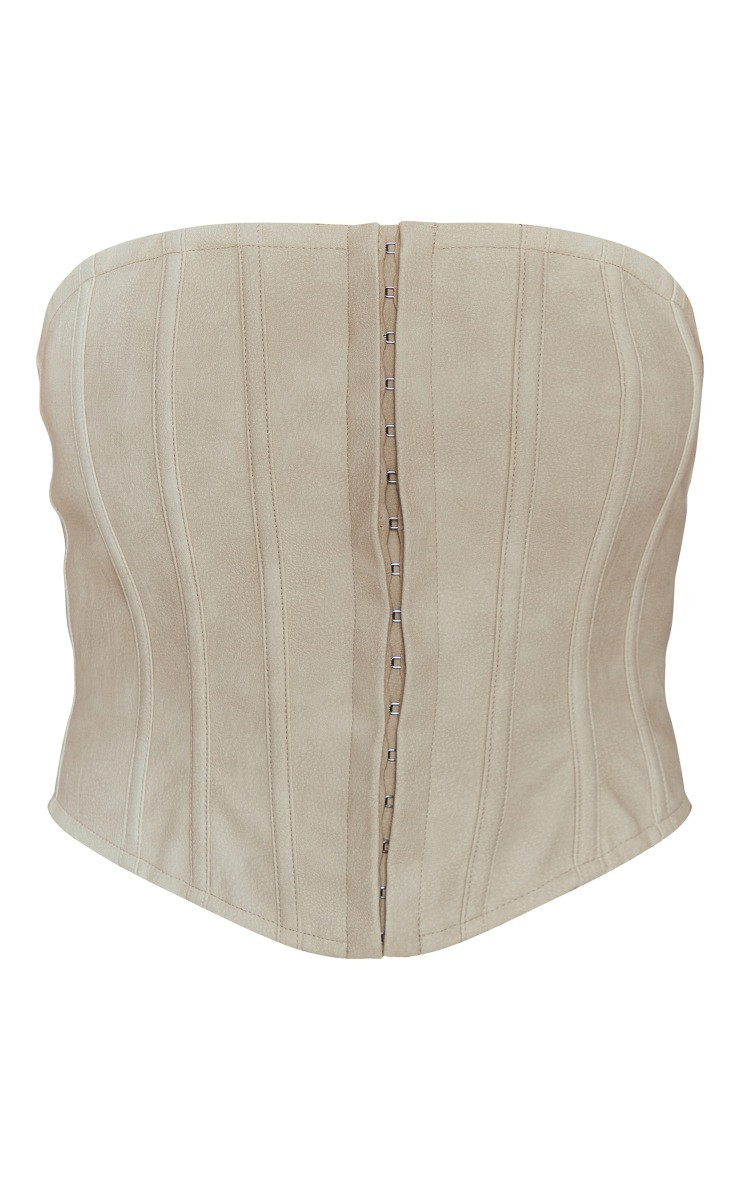 Cream Washed Faux Leather Hook And Eye Structured Corset | PrettyLittleThing US
