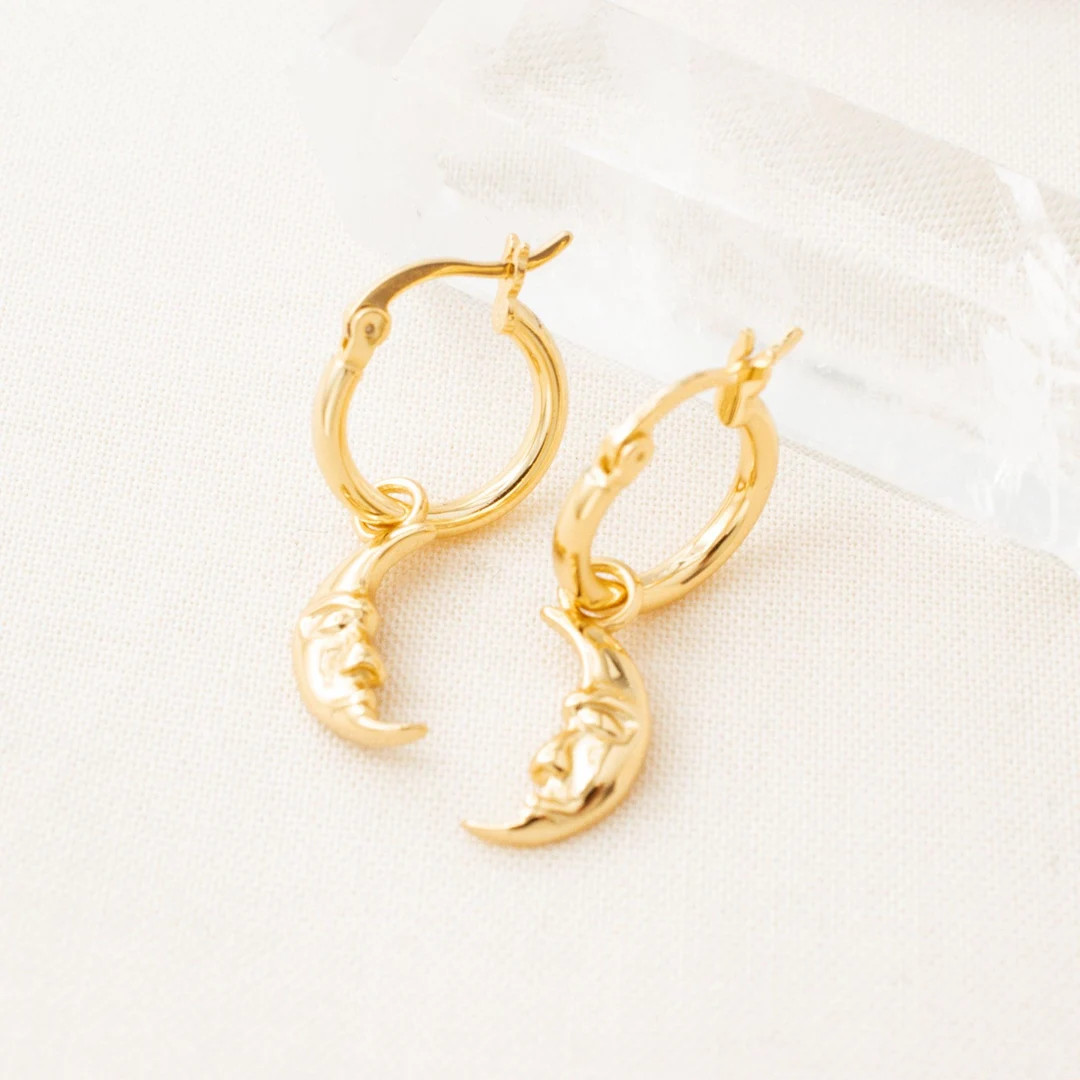 Elegant Moon Dangle Hoop Earrings, Gold Plated Sterling Silver, Celestial Jewelry, Perfect for Ni... | Etsy (US)