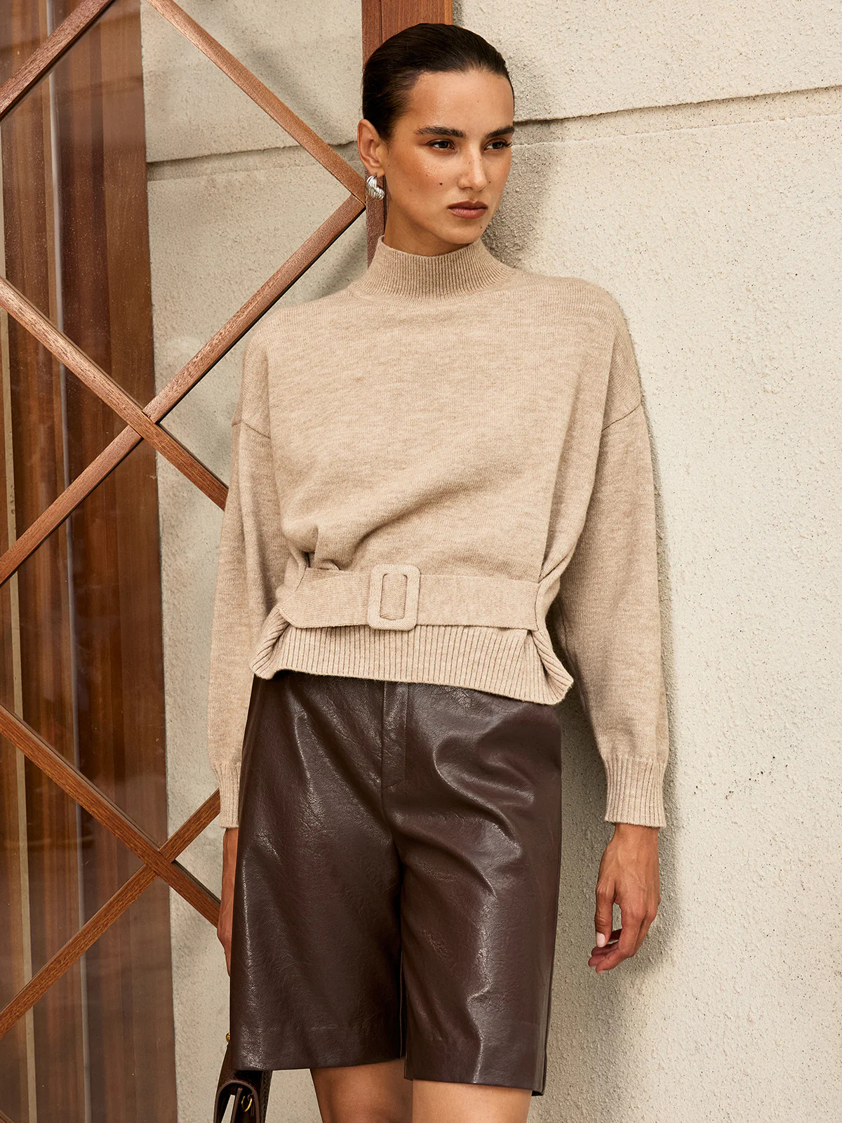 Wool Blend Mock Neck Belted Sweater | Commense