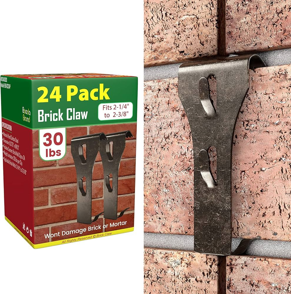 Brick Hooks Clips (24 Pack) for Hanging No Drill, Brick Hangers Fit Standard Brick 2-1/4" to 2-3/... | Amazon (US)