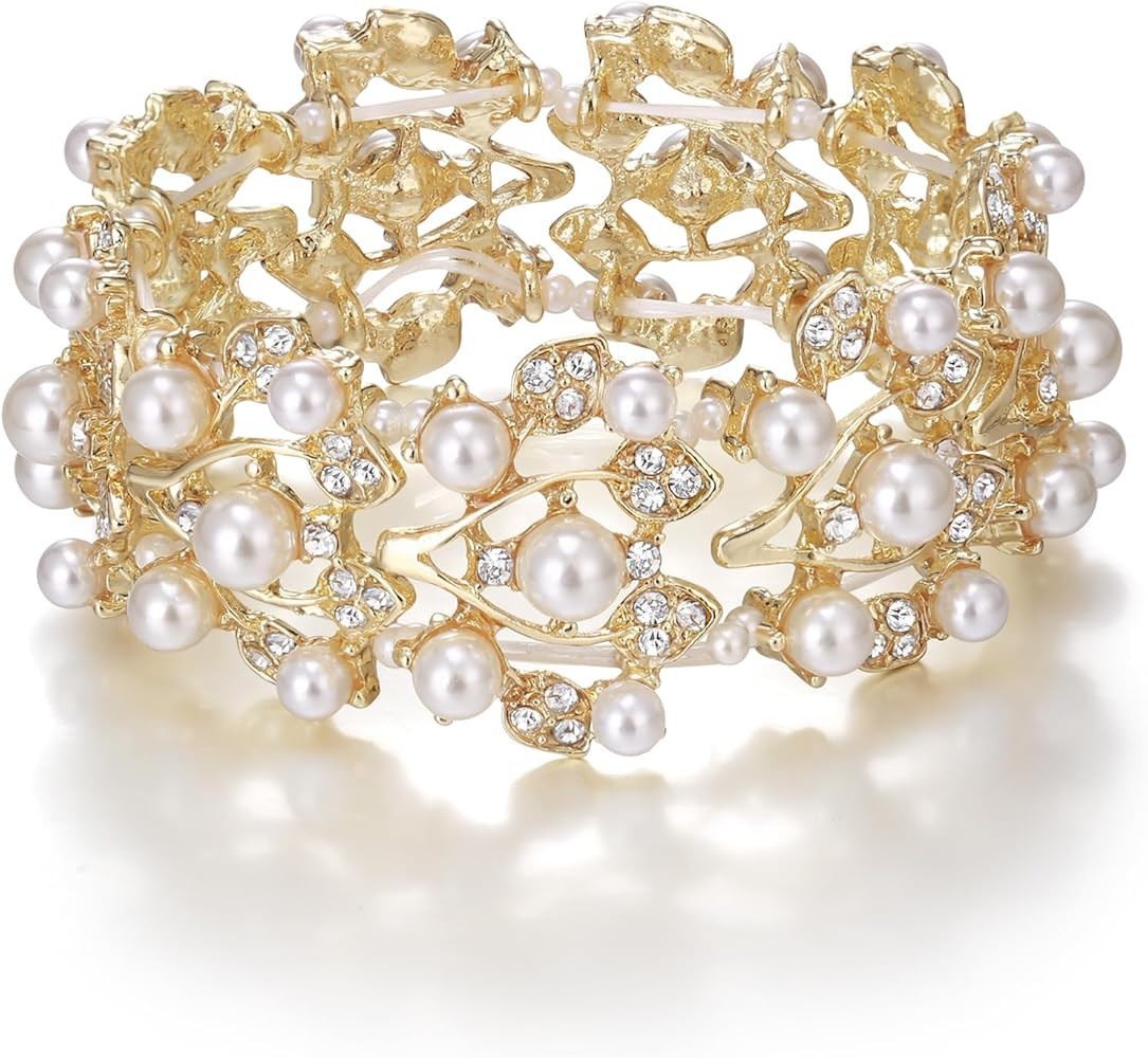EVER FAITH Crystal Cream Simulated Pearl 1920's Style Leaf Wedding Prom Stretch Bracelet for Wome... | Amazon (US)