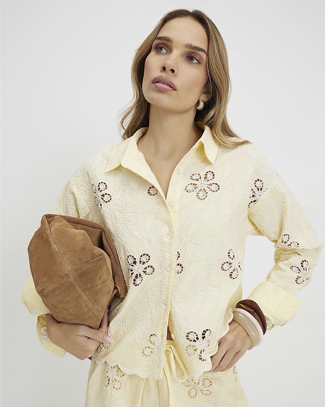 Yellow Embroidered Crochet Shirt | River Island UK & IE