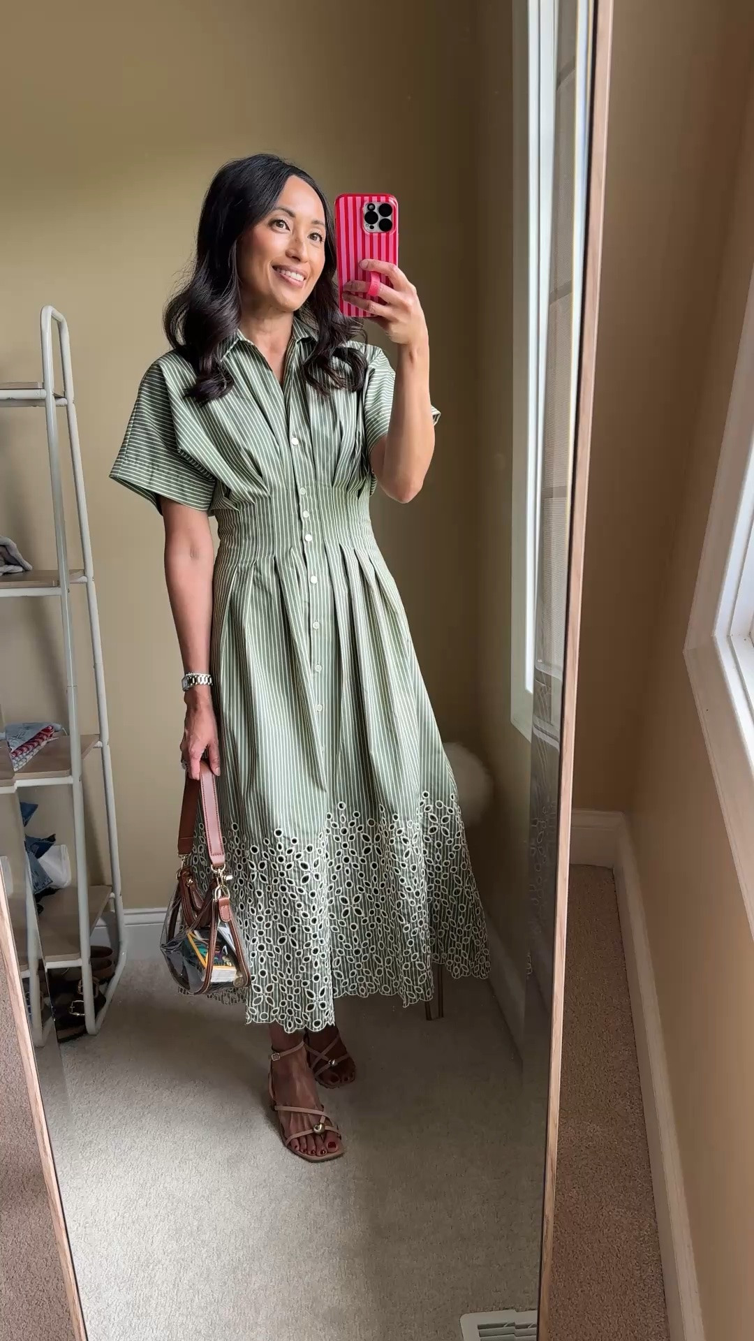 What I wore to my daughter’s graduation. 
Mom graduation dress. 
Nice material has stretch to it so comfortable to sit in even with tailored design. 
Size down. 
Beautiful embroidered details. 
Clear bag for stadium. Stadium bag. 
Block heel sandals are older; linking new options.