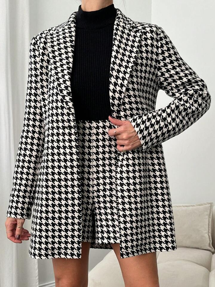 Houndstooth patroon Pak Met Random kraag Blazers En Short set | SHEIN