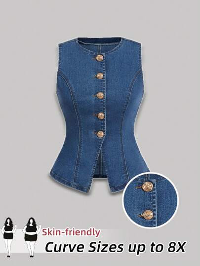 SHEIN CURVE+ Plus Size Casual Fitted Sleeveless Jean Vest, Blue | SHEIN