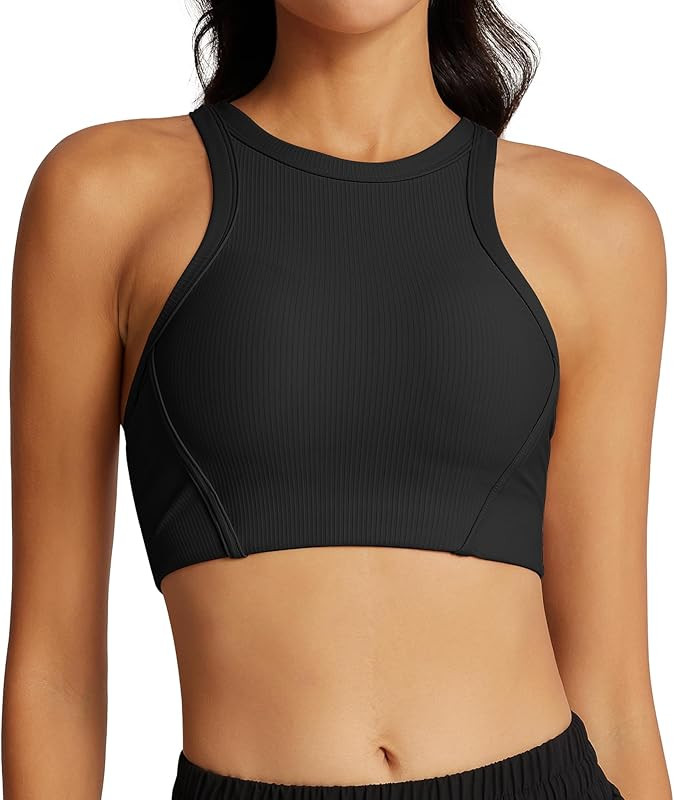 colorskin Womens Racerback High Neck Sports Bra - Longline Ribbed Medium Support Padded Yoga Work... | Amazon (US)