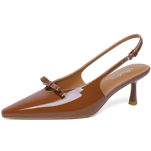 Mostrin Brown Kitten Heels for Women Pointed Closed Toe Stilettos Slingback Low Heel Bow Pumps Dress Shoes for Daily Party Wedding Size 11 | Amazon (US)