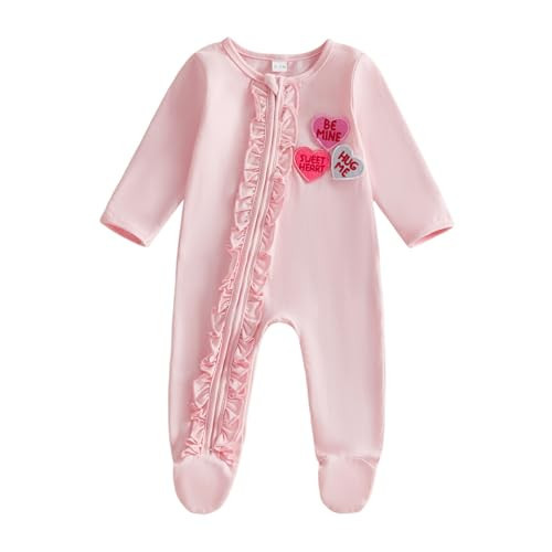 Kuriozud Newborn Valentines Outfit Baby Girl Heart Footie Romper Sleeper with Headband Cute Infant Clothes (Valentines Heart Pink, 0-3 Months) | Amazon (US)