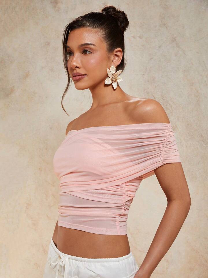 COSMINA Damen Sommer Elegant Off-Shoulder Rüschen Passformoberteil | SHEIN