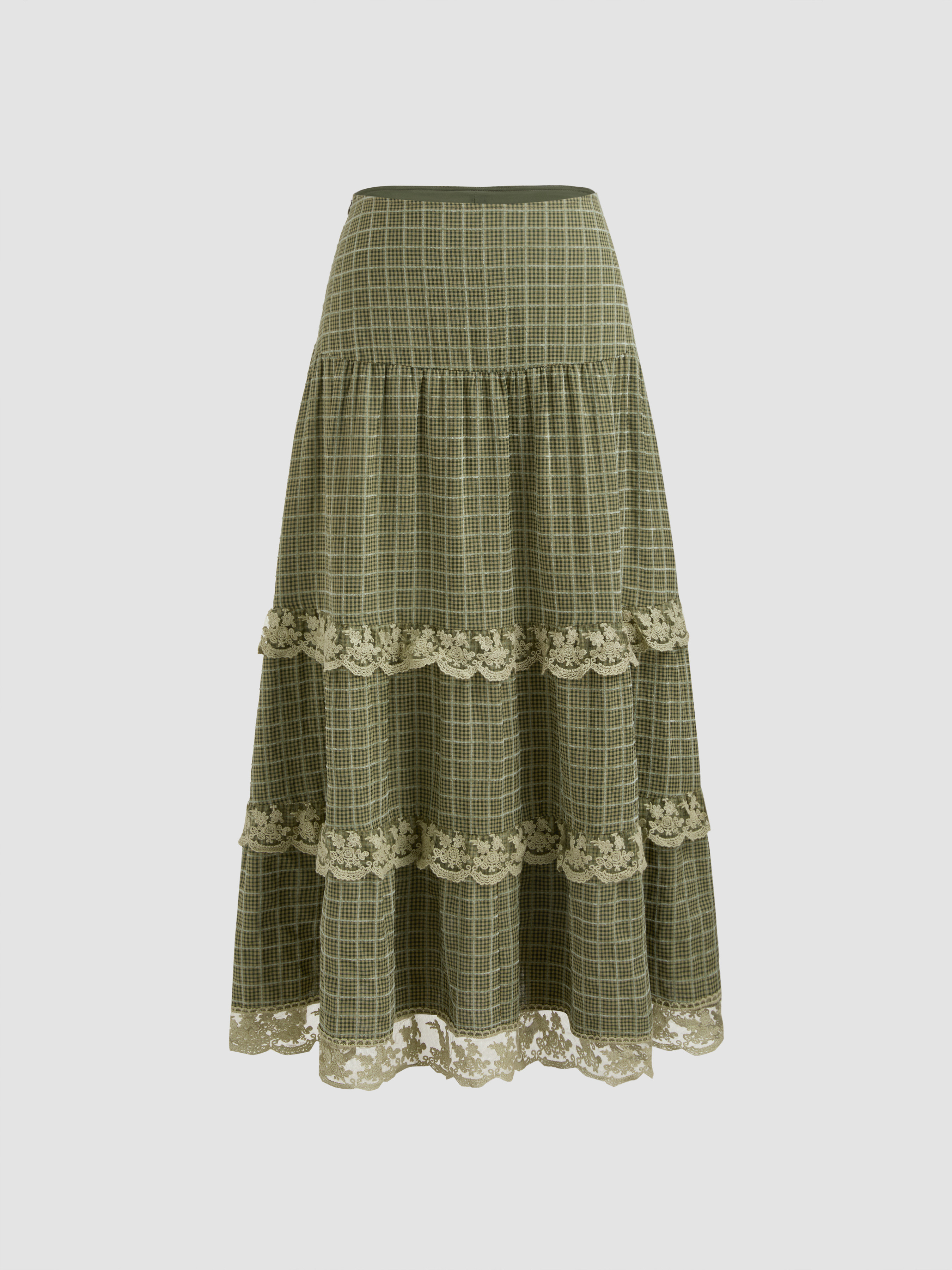 Woven High Rise Check Lace Tiered Maxi Skirt For Vacation | Cider
