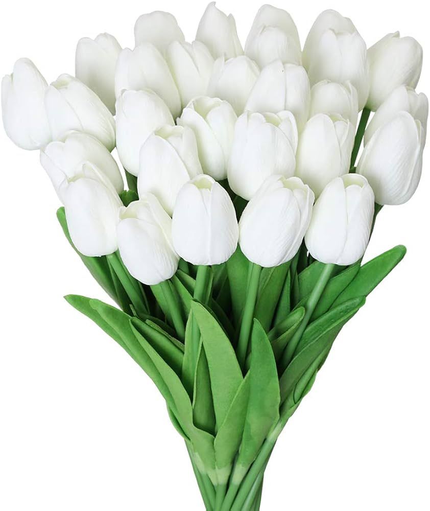 Kisflower 30Pcs Latex Tulips Real Touch White Artificial Flowers Fake Tulips Arrangement Bouquet ... | Amazon (US)