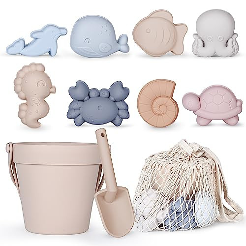 MarcZero 11Pcs Silicone Beach Toys,Modern Baby Beach Toys,Travel Friendly Beach Set,Silicone Bucket, Shovel, 8 Sand Molds, Beach Bag,Silicone Sand Toys for Toddlers, Kids (Begie) | Amazon (US)