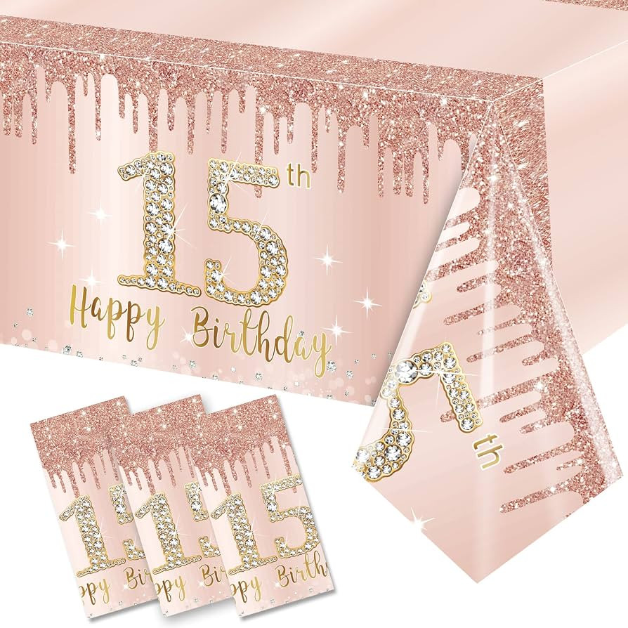 Excelloon 3 Pack 15th Birthday Tablecloth Decorations, Pink Rose Gold Happy 15 Bday Theme Table C... | Amazon (US)