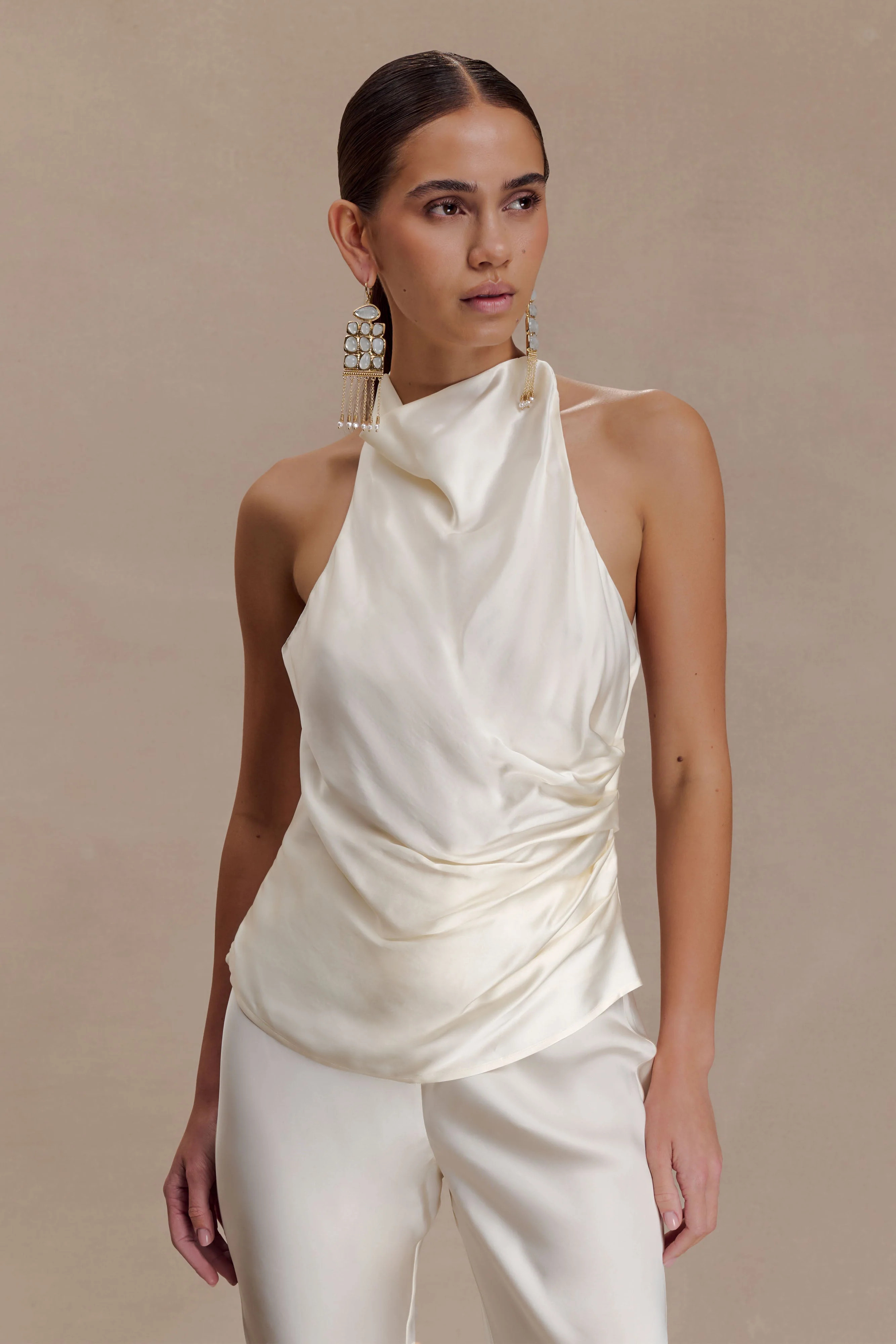 Bianca Satin Halter Top - Ivory | MESHKI US
