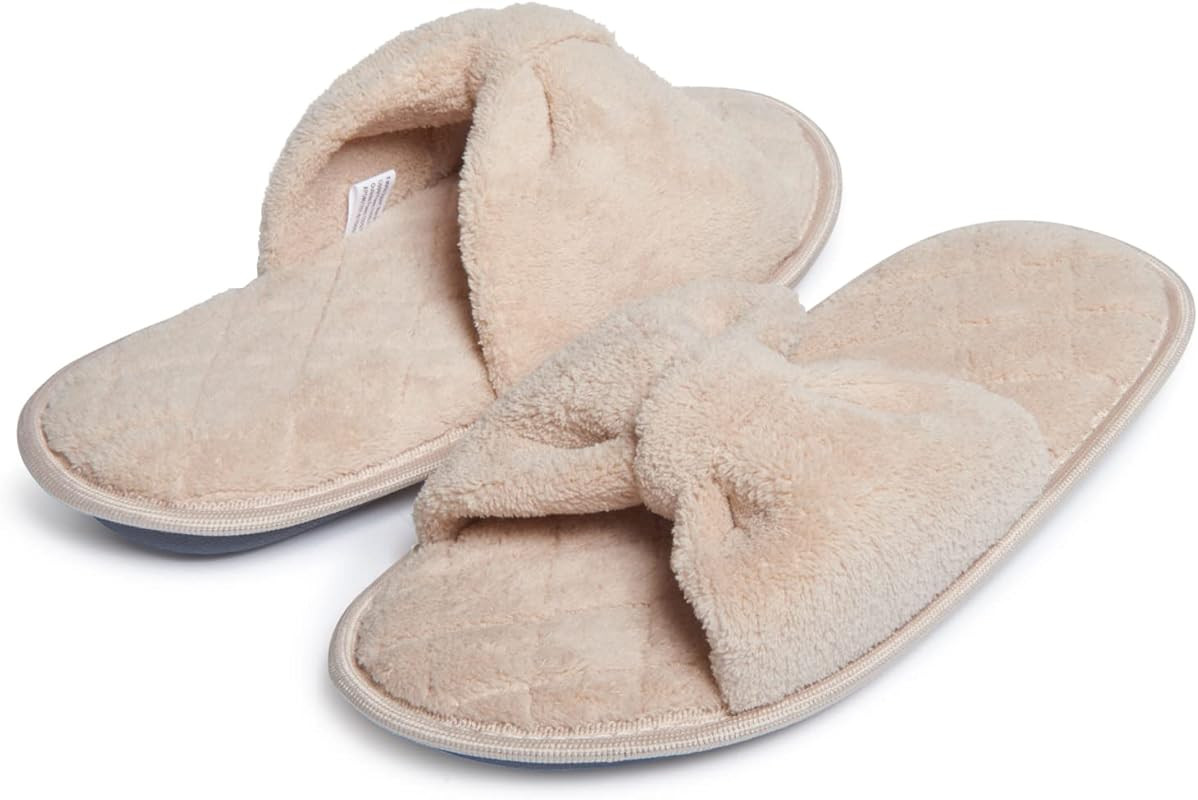 Laura Ashley Womens Plush Terry Open Toe Memory Foam Spa Slippers, Rubber Sole Bow Band Home Slid... | Amazon (US)
