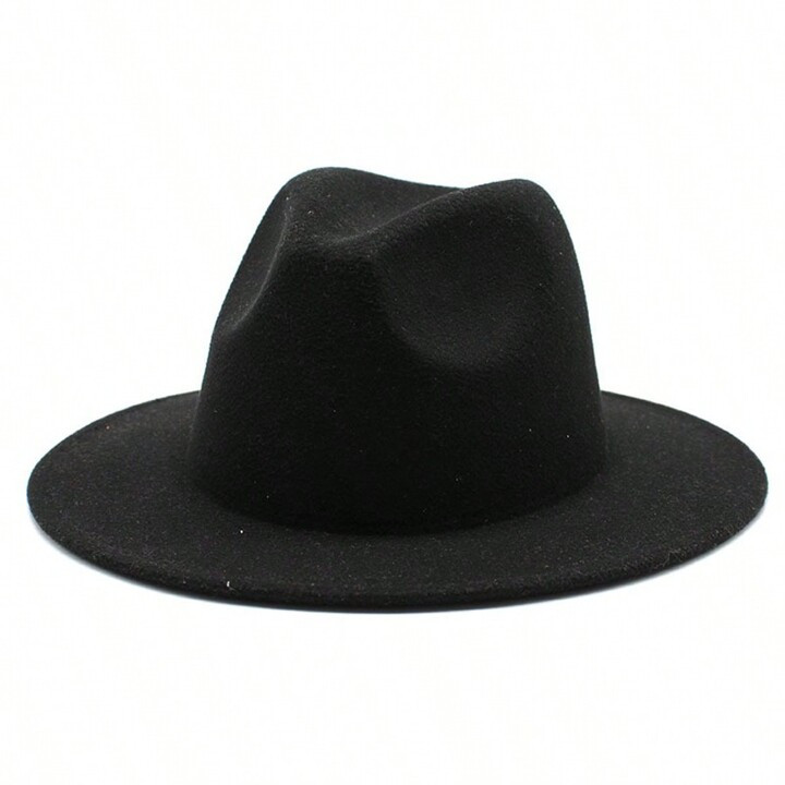 Solid Color Woolen Fedora Hat With Flat Brim, Jazz Hat, Unisex | SHEIN