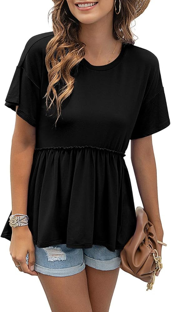 TASAMO Women's Loose Ruffle Hem Short Sleeve High Low Peplum Blouse Top | Amazon (US)