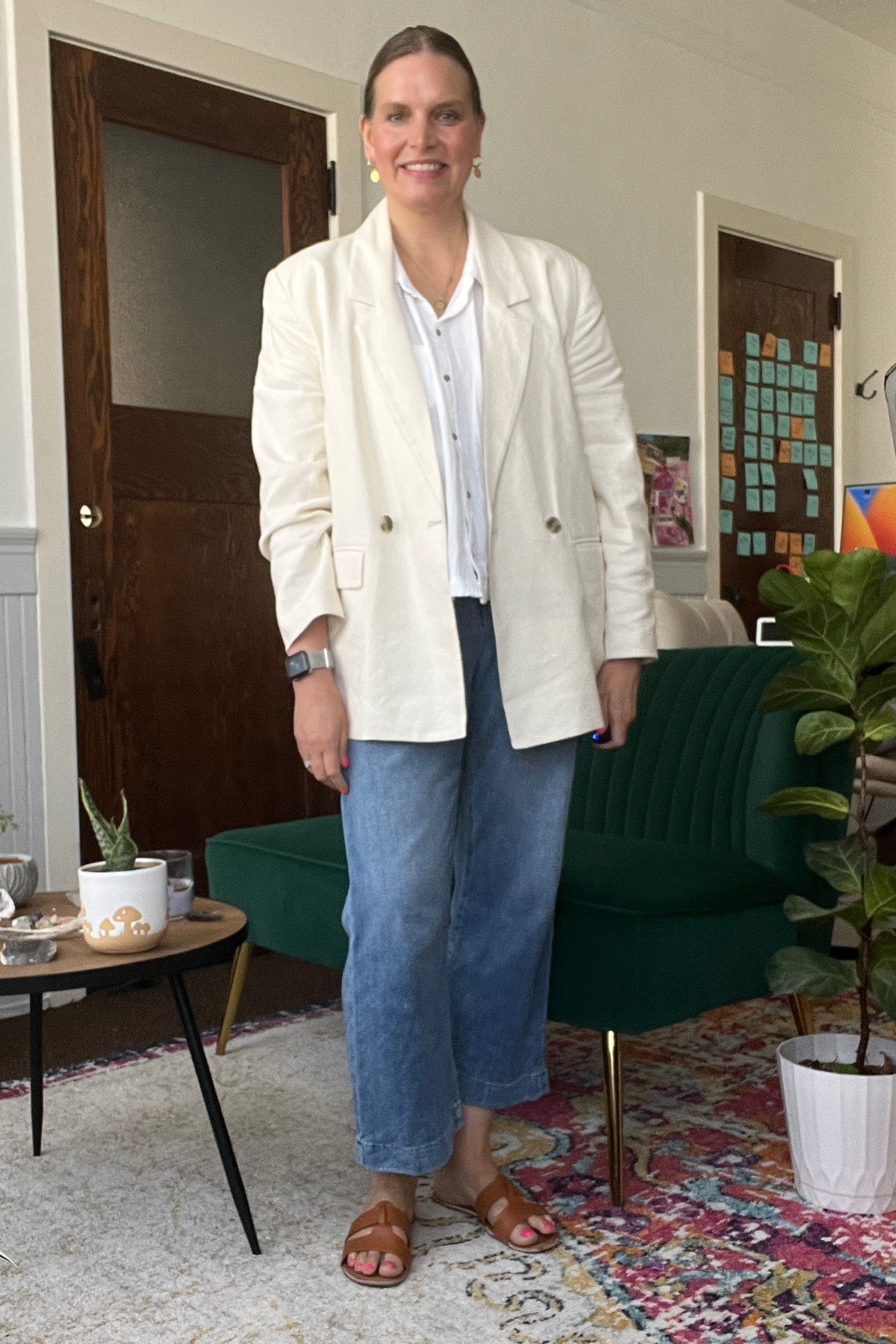 Linen blazer capsule wardrobe look. 
Formula details: linen blazer, white button down, cropped jeans and sandals 

#LTKcurves #LTKstyletip #LTKSeasonal