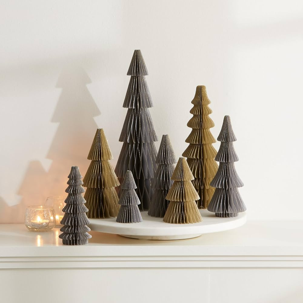 Neutral Christmas honeycomb trees set of 8, gold glitter edging gray taupe Christmas tree centerp... | Amazon (US)