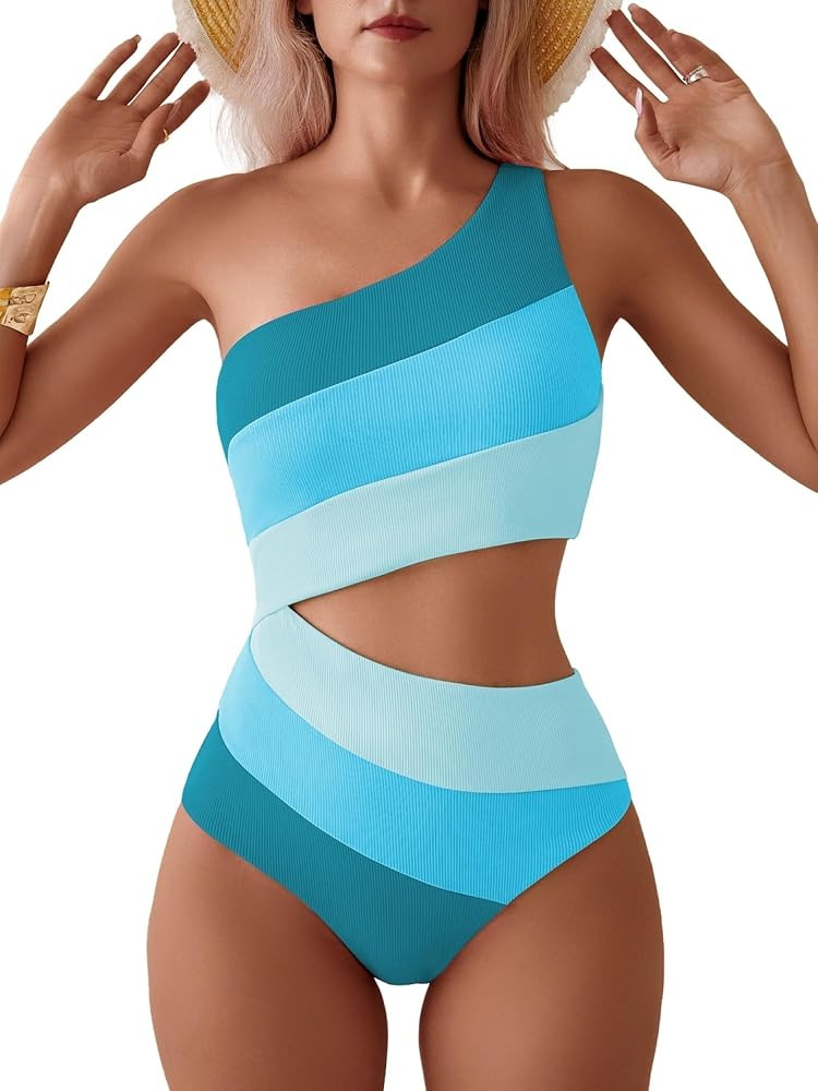 Women's One Shoulder One Piece Swimsuit Sexy Neon Color Block Bathing Suit Modest Full Coverage C... | Amazon (US)