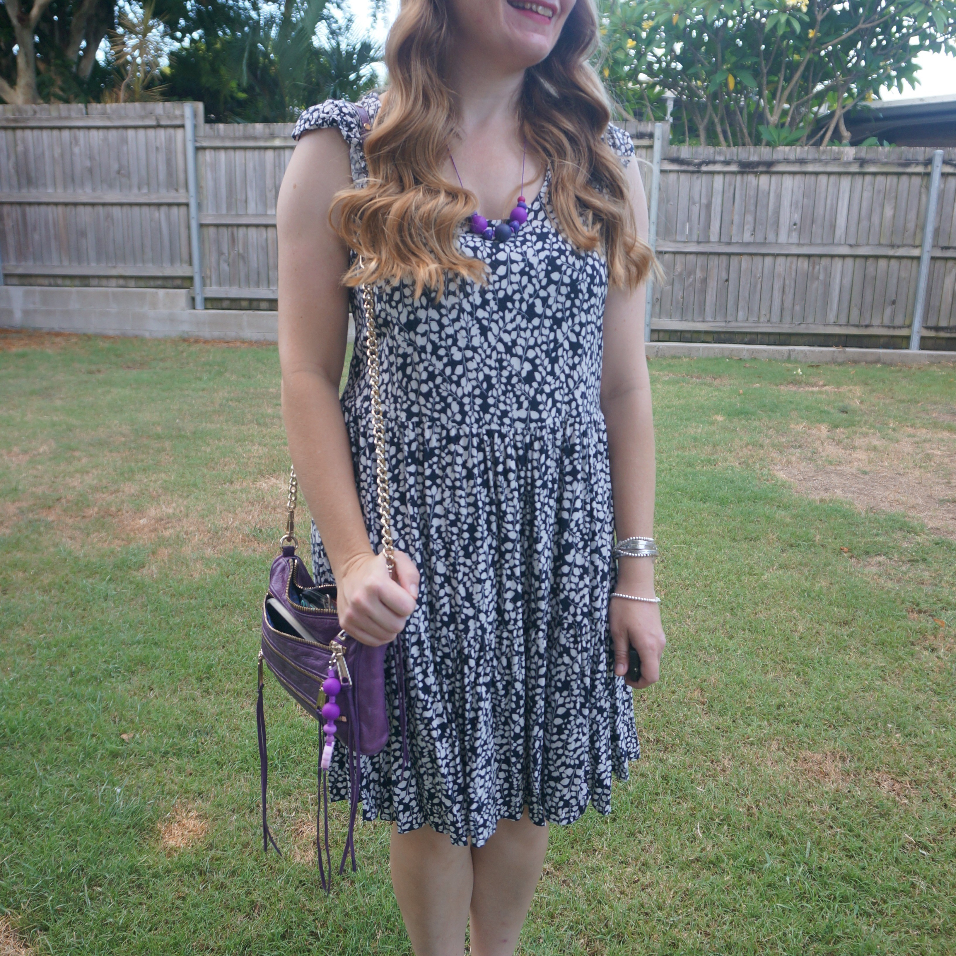 Kmart Anko tiered navy and white printed dress with purple Rebecca Minkoff mini 5-zip bag 💜

#LTKbag #LTKworkwear #LTKaustralia
