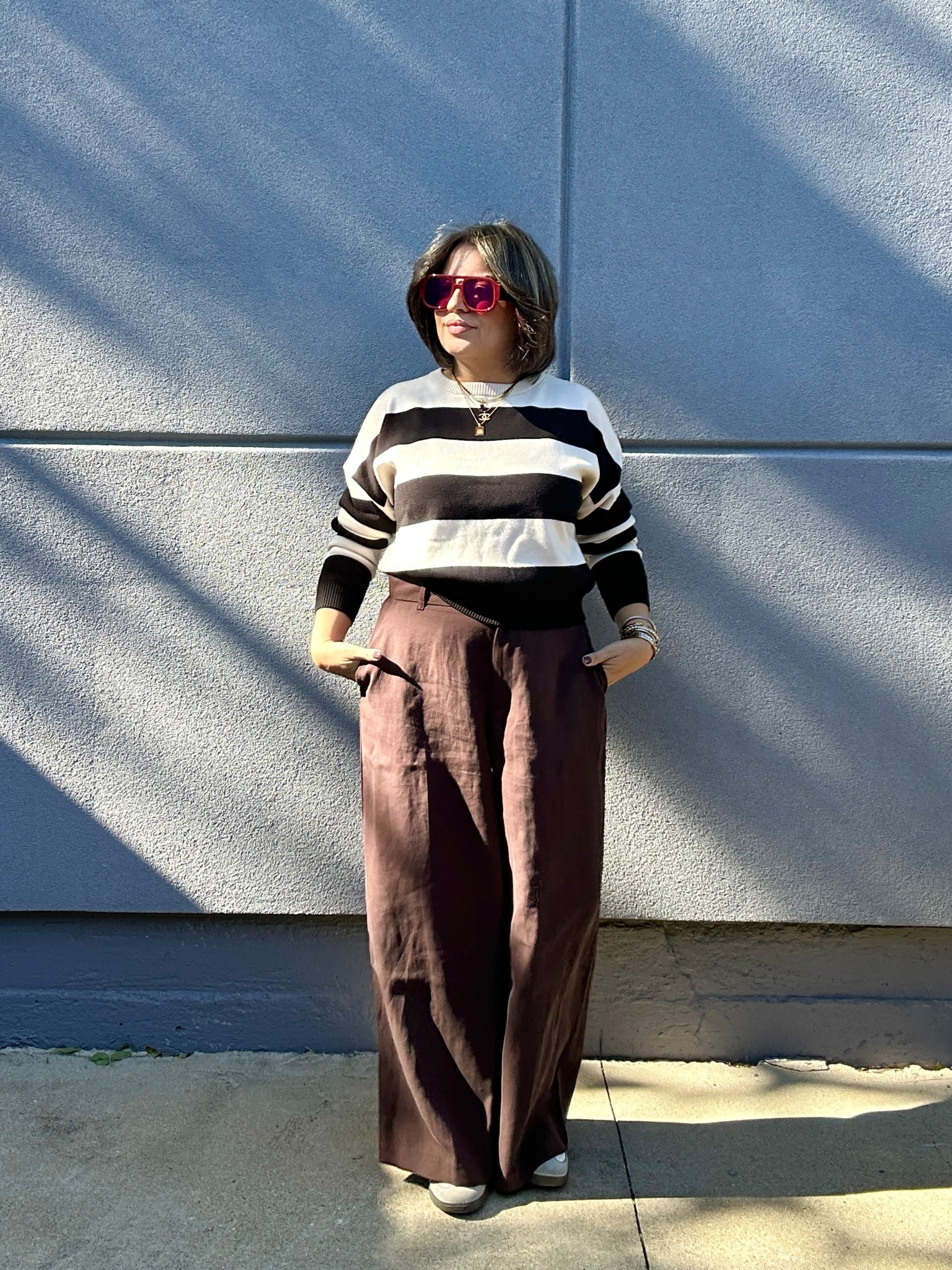 Wearing xs in the sweater and size 8 in pants 