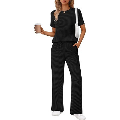 Ekouaer Lounge Sets for Women 2 Piece Matching Travel Outfits 2026 Loose Short Sleeve Top Wide Leg Pants Pockets Black XL | Target